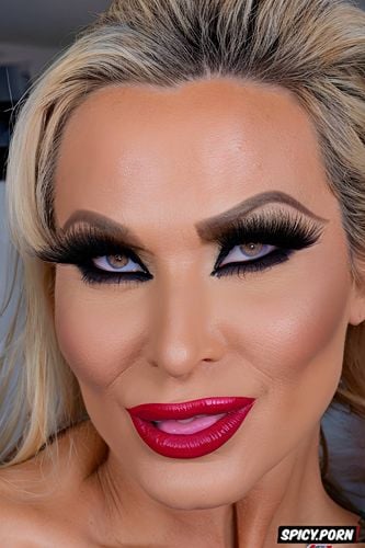 face closeup, mascara, extremely heavy makeup, huge pumped up glossy lips