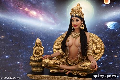 long black hair, sitting in lotus posture, sacred, crown on head