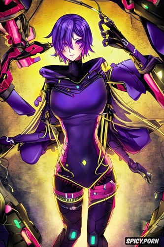 purple eyes, short purple hair, body made of metal, cute small robot woman