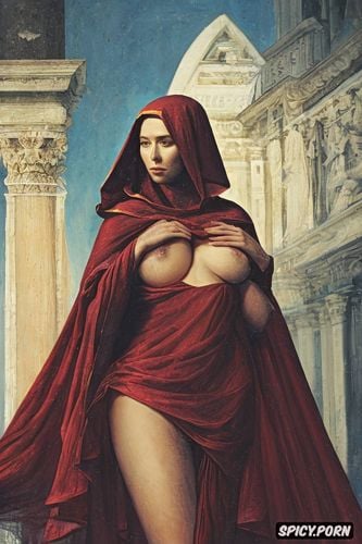 showing one breast, wearing red tunic, paolo uccelli, holiness