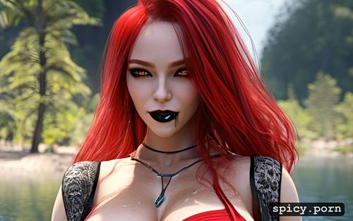 perfect face, strapon, lake, portrait, goth clothes, cum, red hair