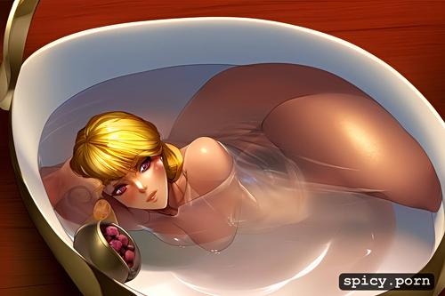 cute attractive beautiful blonde naked woman inside a bowl of milk