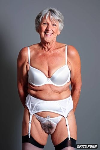 fit granny year old in white retro underwear, showing off legs and high heels