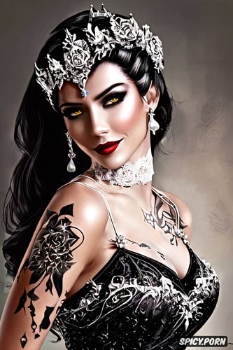 high resolution, widowmaker overwatch beautiful face milf tight low cut black lace wedding gown tiara