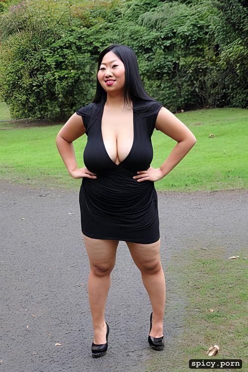 asian lady, cute face, saggy breasts, long hair, public park