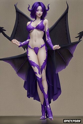 purple hair, masterpiece, nice natural boobs, 25 yo, naked, black draconic wings
