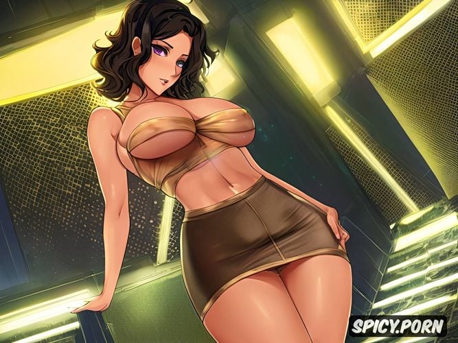 club, hot tight skirt with a top exposing tits, tall, dark hair