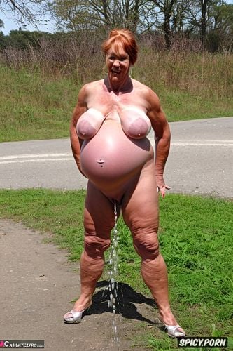 ultra realistic, fat lady, lipedema saggy very muscular thighs pissing pregnant granny gilf chubbymusclelady