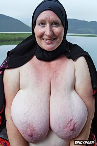 white fat face, enormous sagging breasts, gigantic sagging breasts