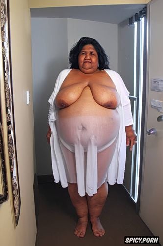 standing at hotel room, topless, wearing a sheer tight white night gown