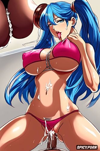 micro waist, caressing herself, sucking hard dick, blue hair