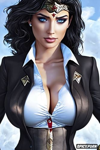 ultra detailed face shot, ultra realistic, wonder woman the justice league black blazer white shirt shirt unbuttoned beautiful face milf