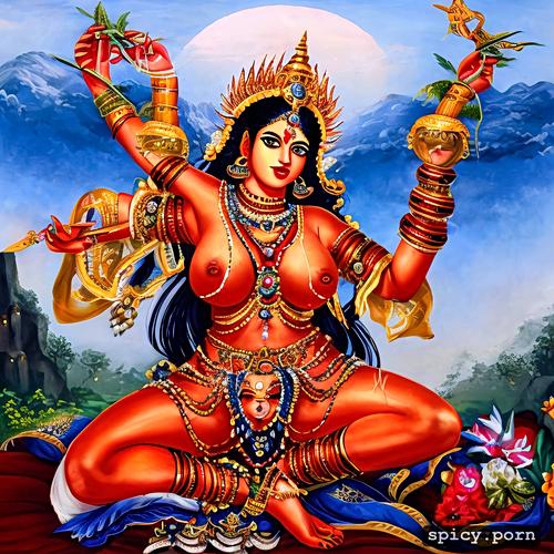 beautiful hindu goddes devi kali, 4 arm, cum on feet