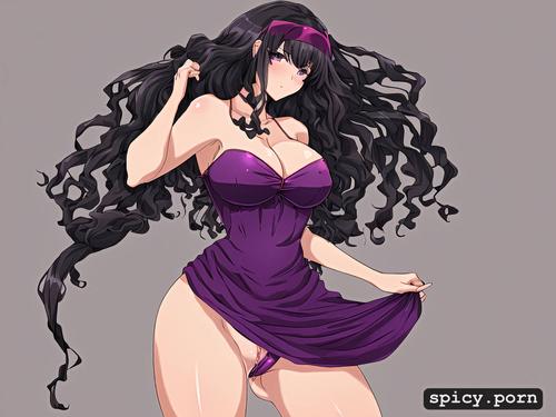 pussy, gray eyes, curly hair, very long hair, solo female, black dress
