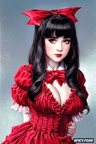 lydia deetz, bows and ribbons, cute young face, red frilly dress