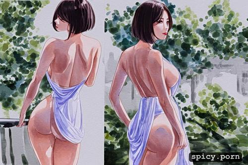 dress, korean woman, athletic body, bobcut hair, small boobs