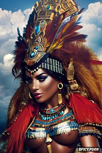upper body shot muscles, aztec queen ancient aztec aztec pyramids crown royal feather robes beautiful face full lips milf topless