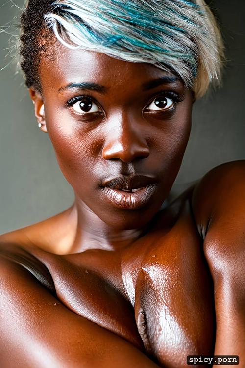 stark naked nigerian woman, athletic, facing the fourth wall