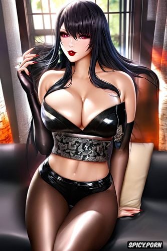 pale soft skin, black voidless eyes, and massive big juicy breasts with perky hard nipples that are peaking through the kimono kuro wears stockings and black a pitch black kimono that slightly covers her oiled curvy divine body her shoes are long