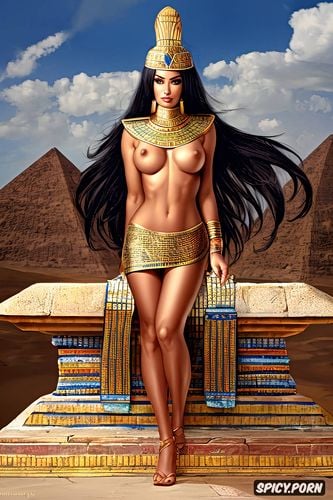 desert, smiling, full nude, topless, pissing, egyptian goddess isis