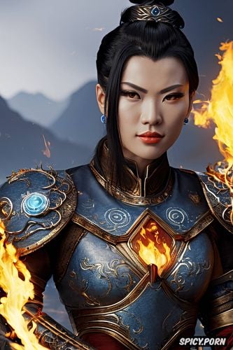 artstation, flame crown, face shot, black hair in an intricate updo