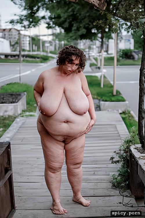 image huge floppy saggy breasts on very fat russian mature woman with large hairy cunt fat stupid cute face with much makeup and small nose semi short hair standing straight in siberian town sidewalk gigantic floppy tits worn out woman style very fat