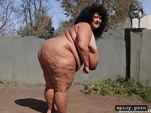 curly hair, wide hips, huge nipples, cellulite, massive belly