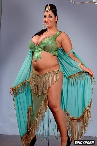 smiling, beautiful costume, color photo, front view, massive saggy breasts