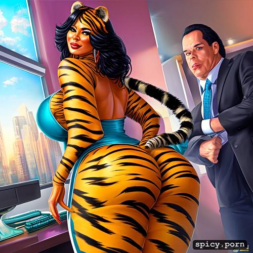 busty, tiger woman, tiger tail, furry, business suit, milf, office