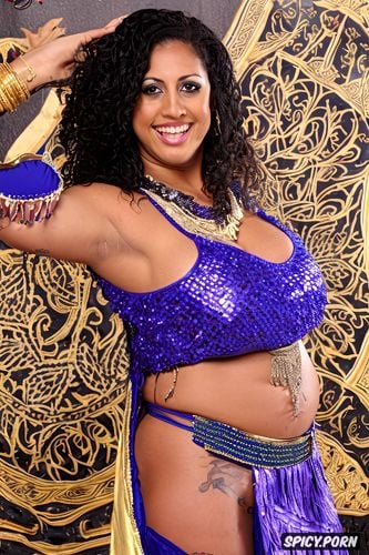smiling, gorgeous voluptuous belly dancer, traditional piece belly dance costume