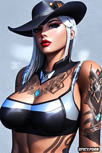 k shot on canon dslr, ultra realistic, ashe overwatch beautiful face young tight outfit tattoos masterpiece