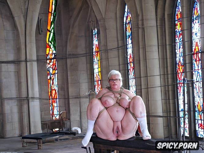 stained glass windows, pierced nipples oversized hanging enormous belly