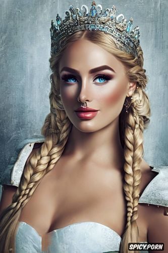 ultra detailed, 8k shot on canon dslr, masterpiece, fantasy viking queen beautiful face pale skin long soft dirty blonde hair in a braid diadem full body shot