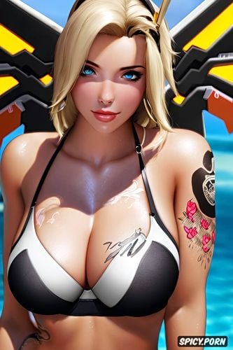 mercy overwatch beautiful face young full body shot, tattoos small perky tits black sports bra black booty shorts masterpiece