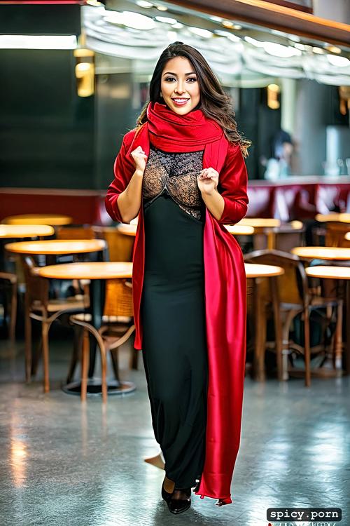 very realistic beautiful fantastic muslim lady with fantastic dark red dress and café scarf the lady is so beautiful and happy with her graduation ceremony