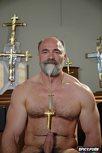 solo hairy gay muscular old man with a big dick and perfect face beard showing hairy armpits in church chubby body catholic priest wearing a cross necklace