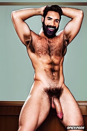 solo hairy gay man with a big dick showing full body and perfect face beard showing hairy armpits indoors dark brown hair gay porn star wearing a halloween mask