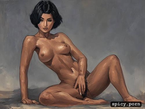 sitting open legs hairy pussy visible, intricate eyes, intricate short black bob hair
