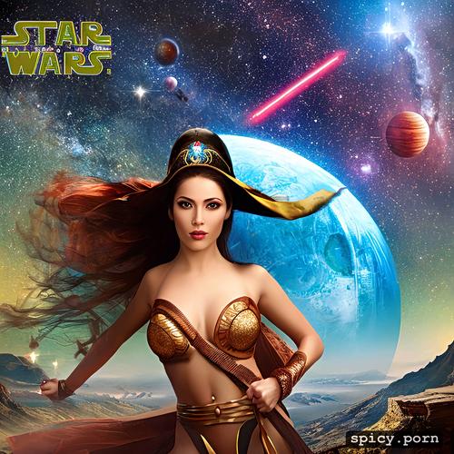 illustration, princess leila star wars, realistic, starry sky and planet background