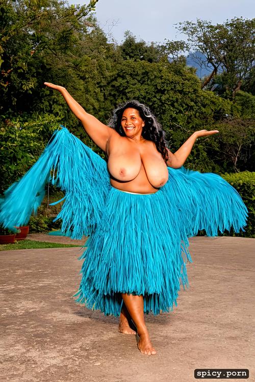 color photo, 69 yo beautiful tahitian dancer, performing, extremely busty