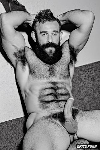 solo hairy gay muscular old man with a big dick showing full body and perfect face beard showing hairy armpits indoors beefy body
