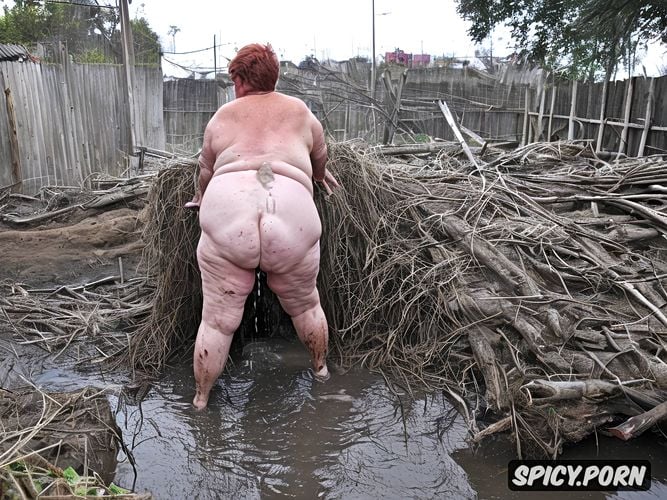 in filthy slum, naked obese bbw granny, short red hair, massive belly