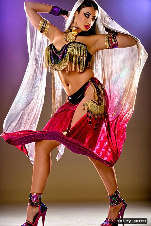 intricate hair, big saggy boobs, performing, stunning face, egyptian bellydancer