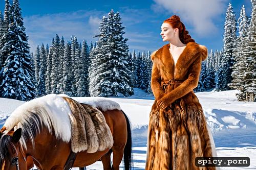realistic, wearing pelt, 8k, stylephoto, snowy landscape, highres