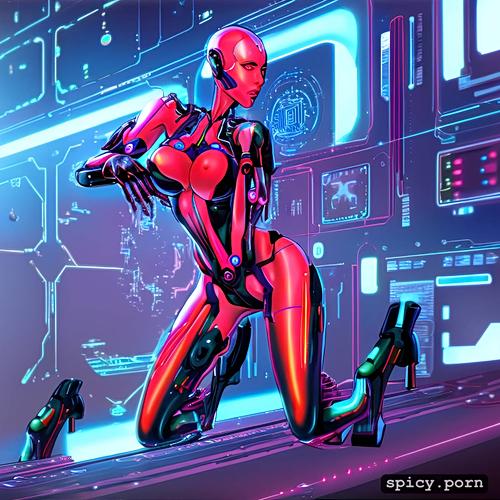 silicon breasts, robot woman, on space station, metal overknee high heels
