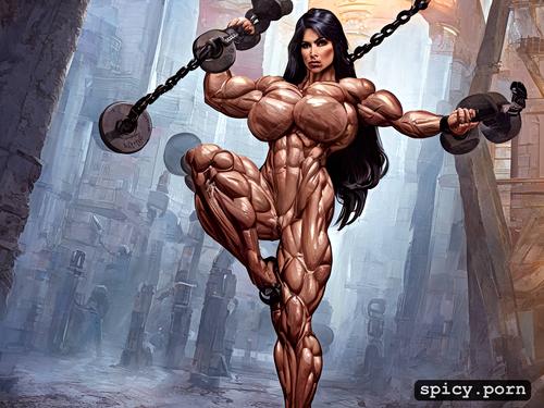 slave, ultra detailed, nude muscle woman lift large weights