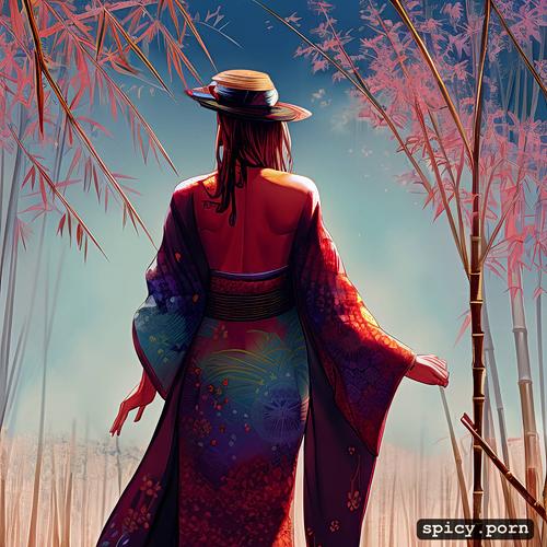wide japanese bamboo hat, red makeup, small breasts, vibrant