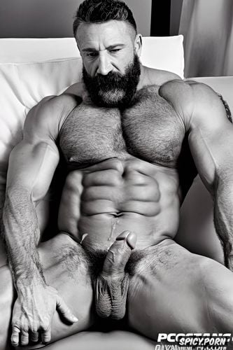 getting up his hairy arms, beard hug jackman face, showing lay down in a sofa his gigantic hard uncut xxl big erect dick