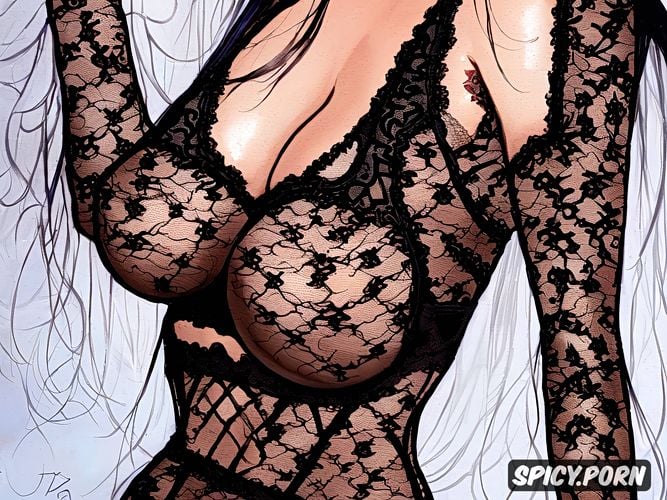 thin black lace underwear, gothic princess, natural big boobs