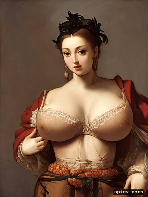 a a woman is standing in a pile of oversized clothes, a large lace bra is loose and barely covering her massive full boobs